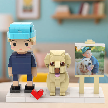 Custom Full-Body Cute Brick Figures of 1 Person and Dog with Frame 