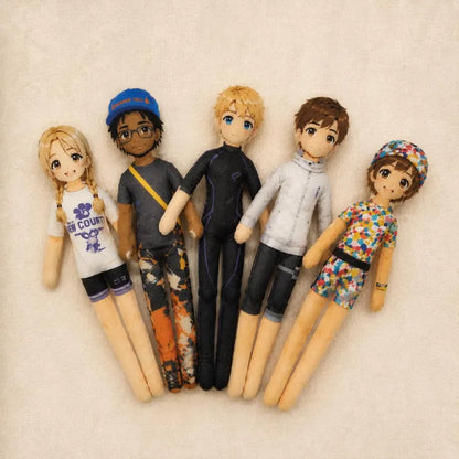 Two full-body made-to-order mini Me dolls by MadeMine, poseable personalized photo dolls for gift-giving.