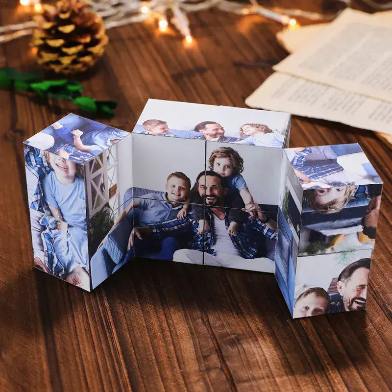 MadeMine personalized photo cube with wooden base, showcasing multiple images in an infinity folding display, perfect for custom gifts.