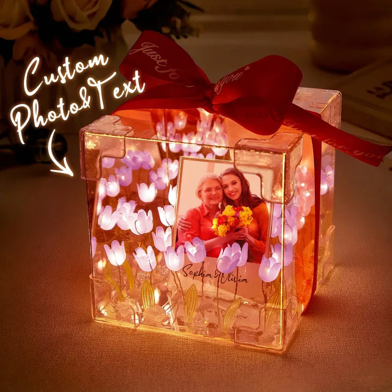 Custom Tulip Infinity Mirror Box by MadeMine showcasing a personalized light gift with intricate floral design and reflective interior.