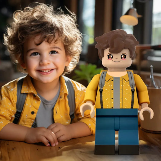 MadeMine 3D printed giant minifigs personalized with custom photo, perfect gift for son, detailed and colorful miniature figures.