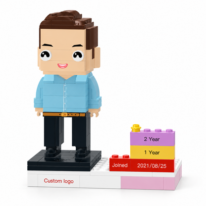 MadeMine personalized employee award brick figure with custom name, logo, and date for corporate recognition gifts.