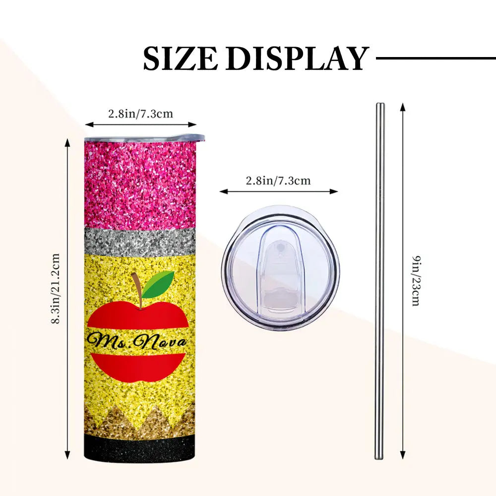 Personalized Glitter Apple Teacher Tumbler – 20oz Skinny with Lid & Straw