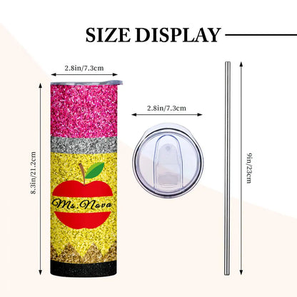 Personalized Glitter Apple Teacher Tumbler – 20oz Skinny with Lid & Straw