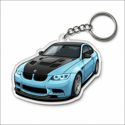 Personalized acrylic car photo keychain with custom vehicle shape from MadeMine, featuring a personalized photo inside.