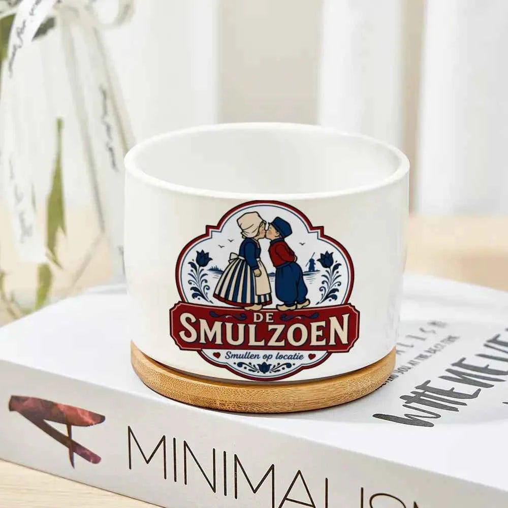 MadeMine ceramic flower pot with wooden base, stylish and durable, perfect for indoor plants and home decor.