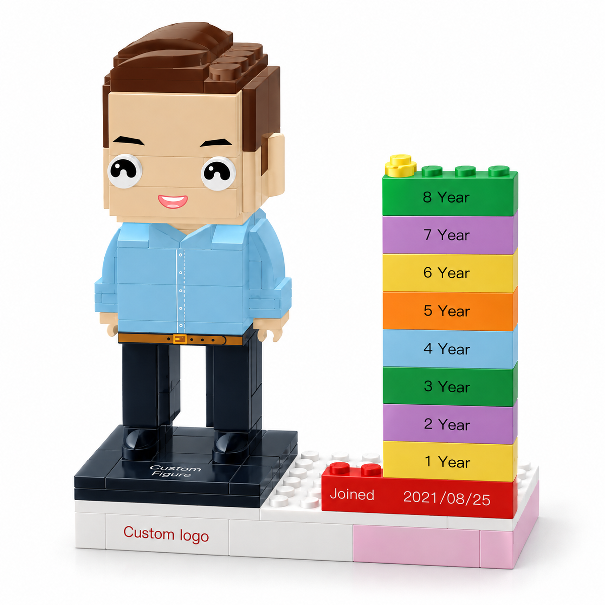 MadeMine personalized employee award brick figure with custom name, logo, and date for corporate recognition and appreciation.