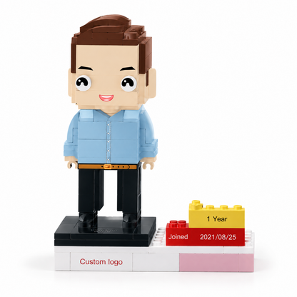 MadeMine personalized employee award brick figure with custom name, logo, and date for corporate recognition gifts.