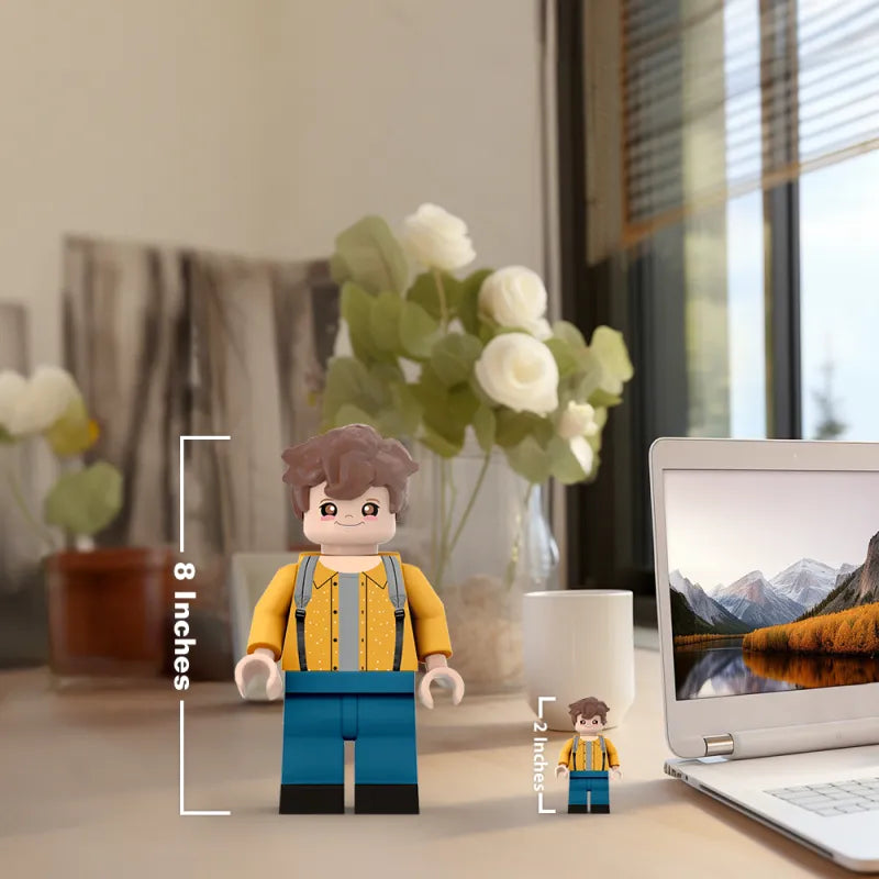 Custom 3D printed giant Minifigs by MadeMine, personalized with a photo, perfect for gifts and unique collectibles.