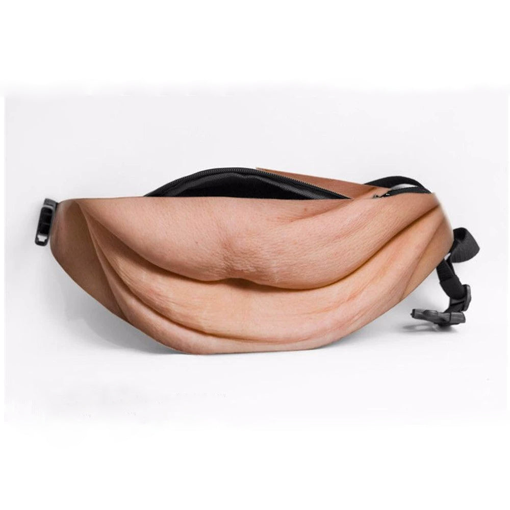 MadeMine funny body print fanny pack with realistic abs and belly design, waist bag perfect for novelty joke gifts and fun accessories.