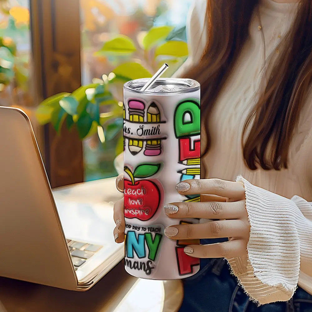 Personalized 3D Rainbow Apple & Pencil Teacher Tumbler – 20oz Skinny with Lid & Straw