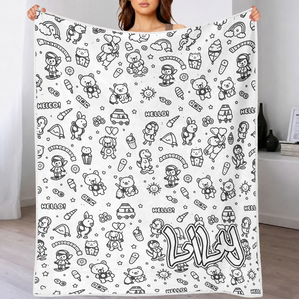 MadeMine DIY drawing and custom text blanket with 24-color markers, washable keepsake blanket for kids and adults, featuring vibrant artwork.