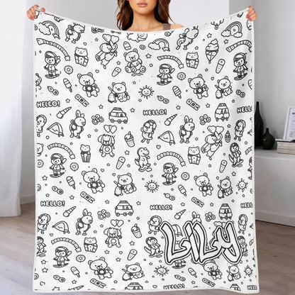 MadeMine DIY drawing and custom text blanket with 24-color markers, washable keepsake blanket for kids and adults, featuring vibrant artwork.