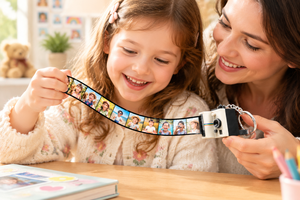 Personalized MadeMine camera keychain for kids with mini film camera design and space for 5–10 photos showing colorful details.