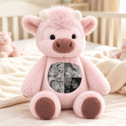 MadeMine personalized Highland Cow plush toy with custom photo, soft plush animal perfect for cuddling and keepsake gifts.