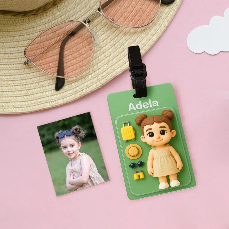 MadeMine fully body 3D cartoon character luggage tag with photo and name, perfect travel accessory for easy luggage identification.