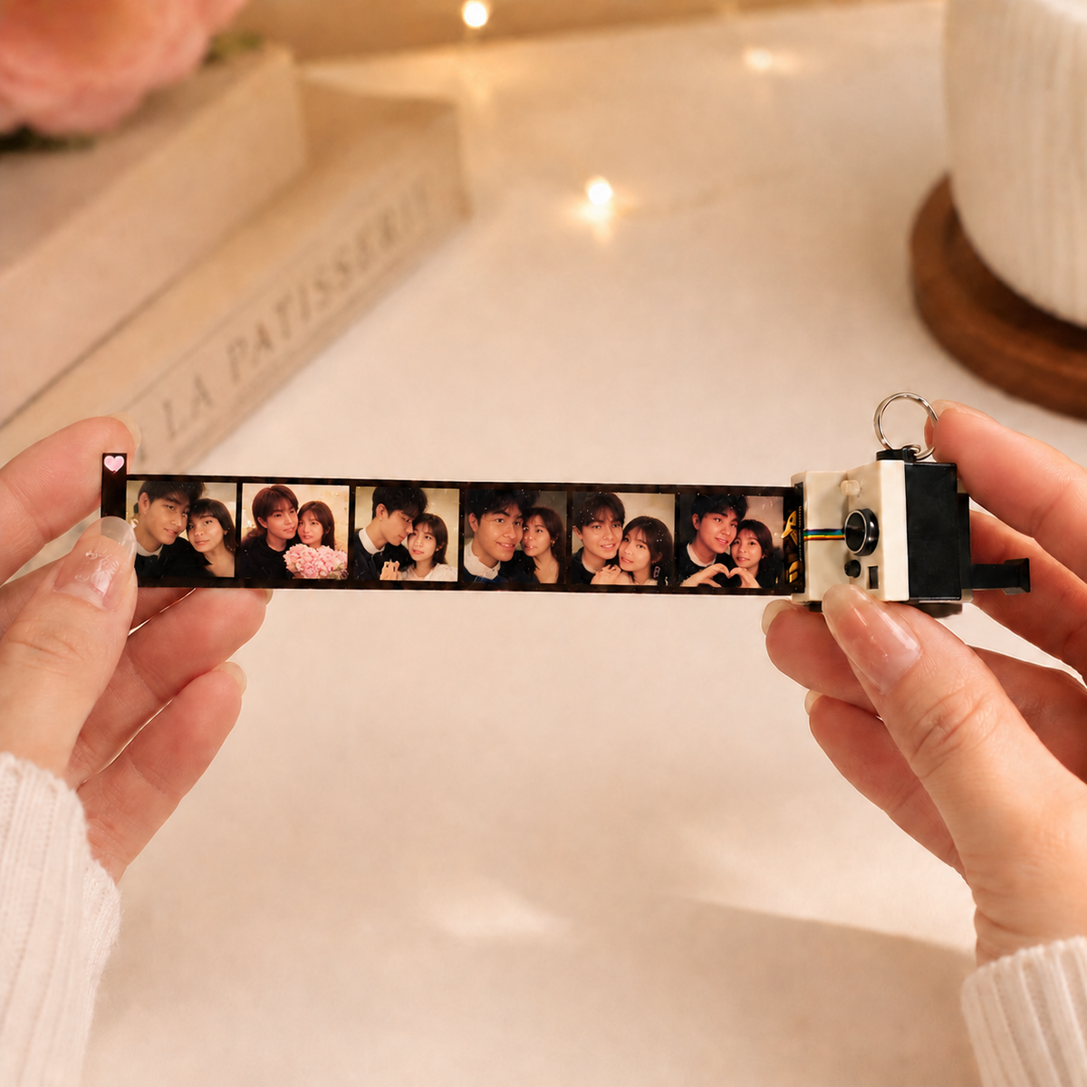 MadeMine personalized photo film camera keychain with mini camera design and space for 5-10 photos, perfect for custom keepsakes.