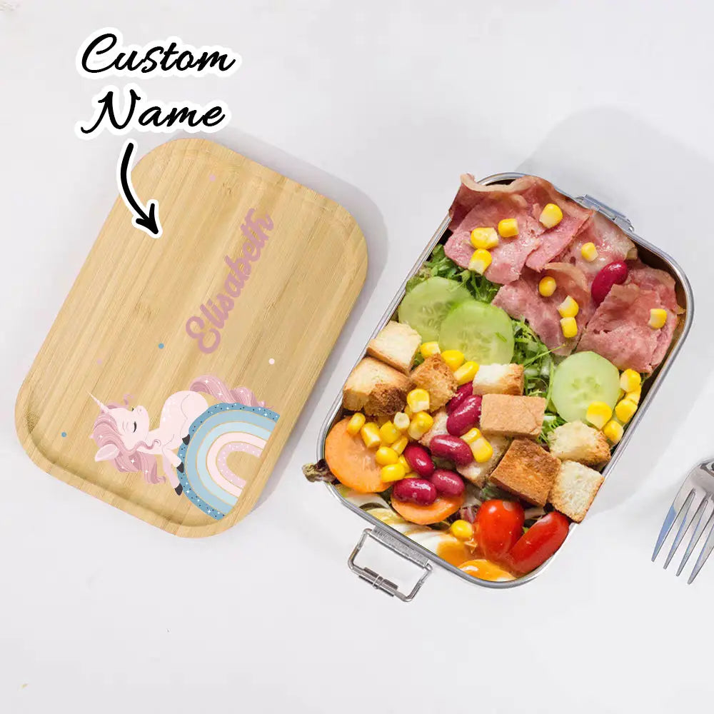 Personalized Kids Lunch Box – Custom Name Stainless Steel & Wood