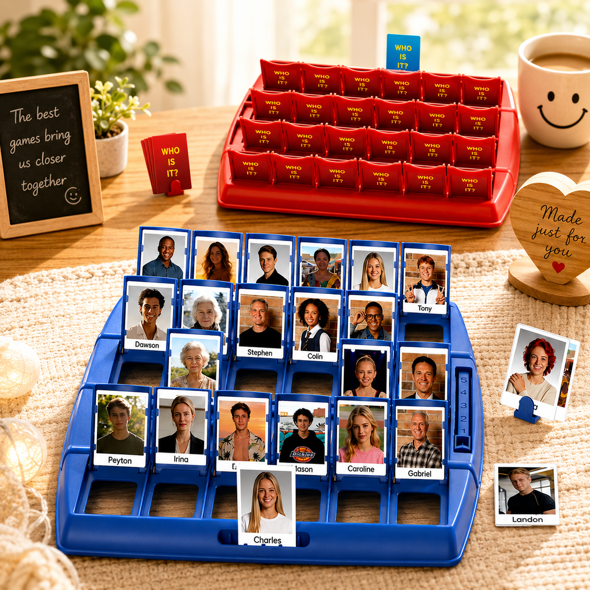 Personalized Guess Who photo game by MadeMine featuring custom family images on a colorful game board for family game night.