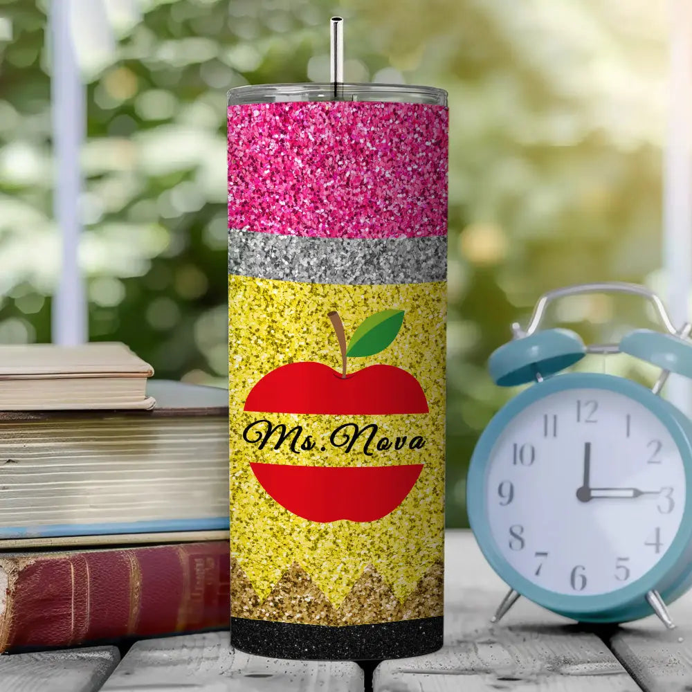 Personalized Glitter Apple Teacher Tumbler – 20oz Skinny with Lid & Straw