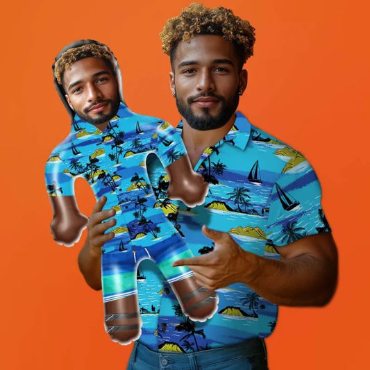 MadeMine personalized inflatable blow-up doll wearing a colorful Hawaiian shirt with flowers and leaves, printed face, perfect for parties