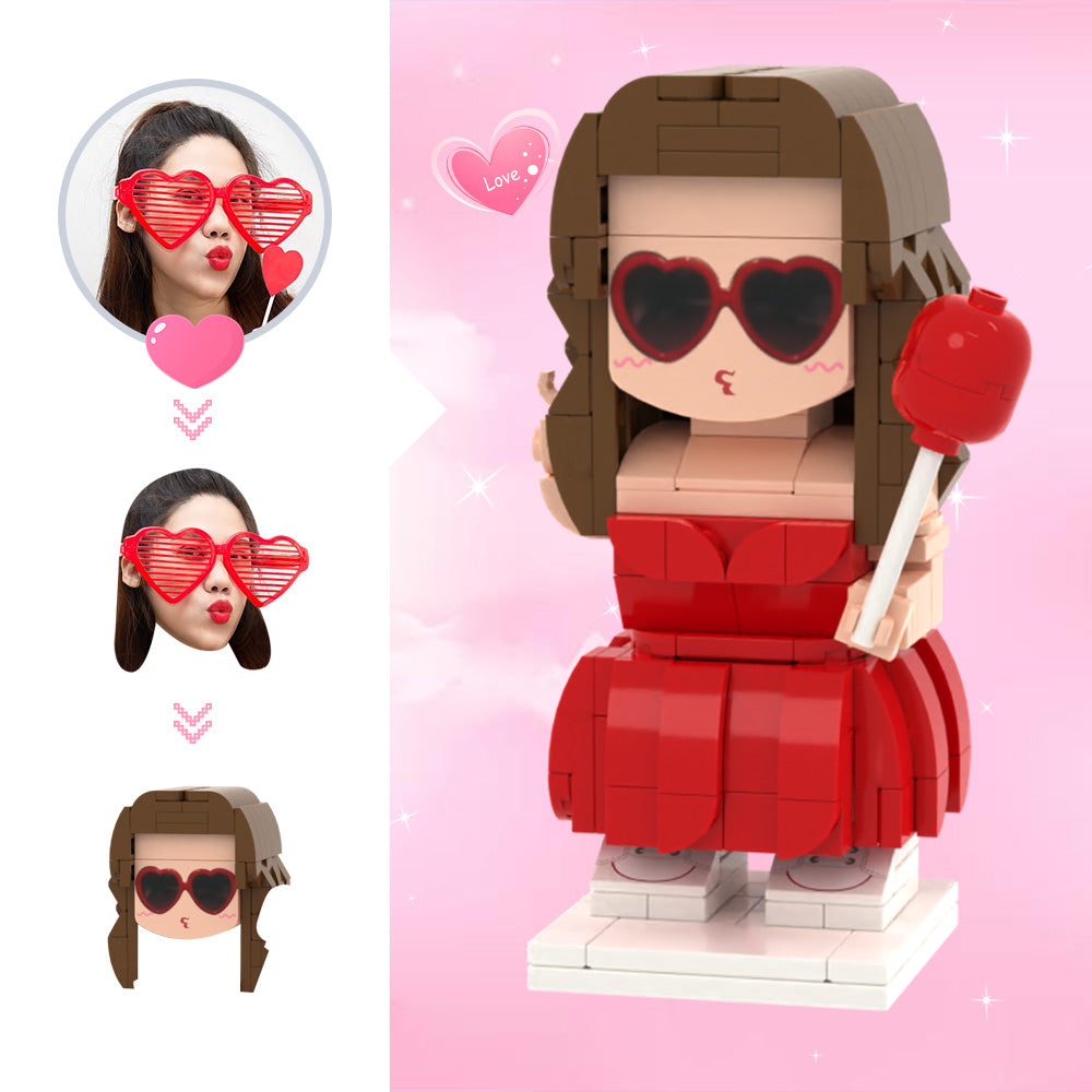 Custom Cute Head Brick Figures – 1 Person Lady with Balloon
