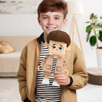 Fully customizable giant Minifig LEGO-style full-body brick figure by MadeMine, personalized for boys, ready as a unique gift.