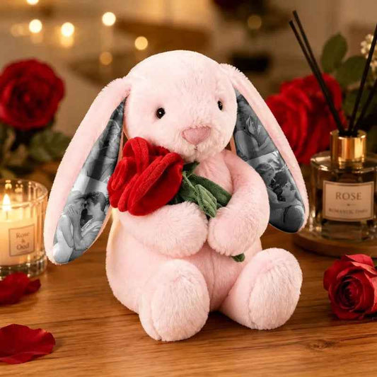 Custom Photo Red Rose Bunny Plush – Personalized Hidden Ear Picture Gift