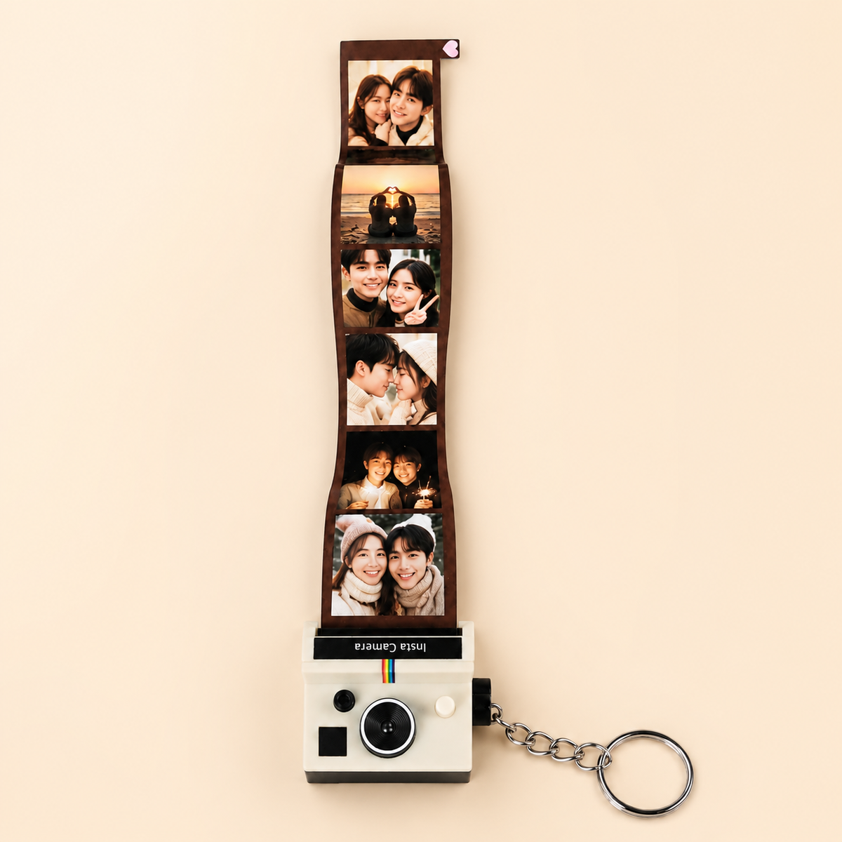 MadeMine personalized photo film camera keychain with mini camera design and space for 5-10 photos, ideal for custom keepsakes.