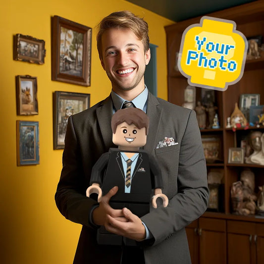 Custom 3D printed giant Minifigs from MadeMine, personalized with your photo, perfect for unique personalized gifts.