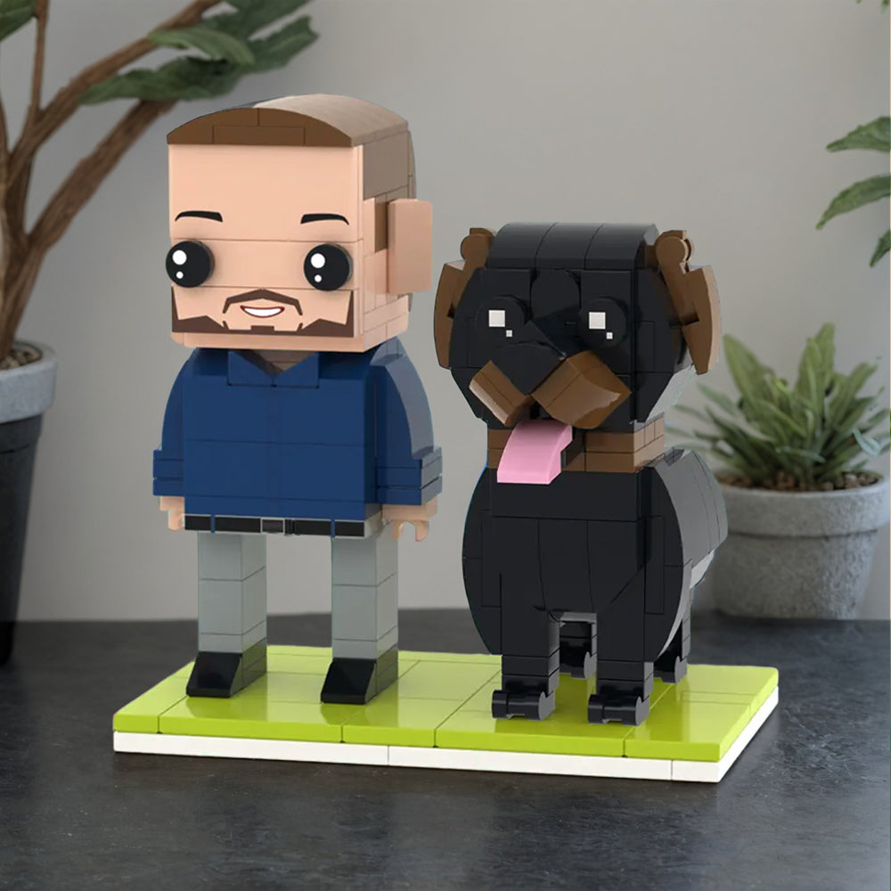 Gepersonaliseerde volledige lichaam brick figuur van MadeMine met hond, gedetailleerde custom made brick poppetje