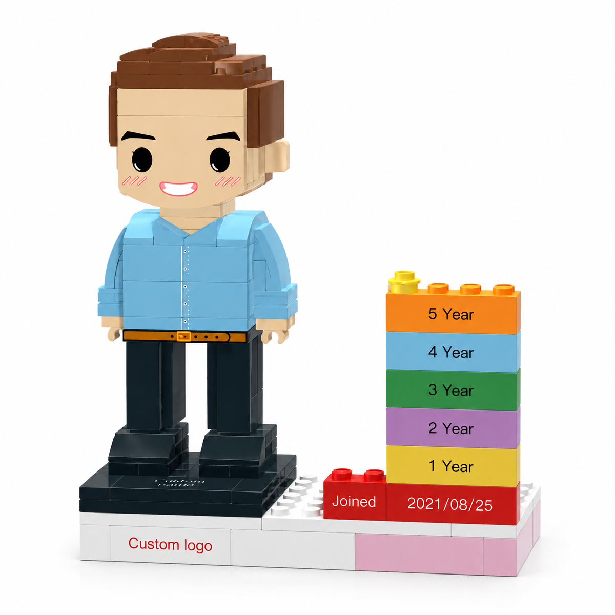 MadeMine personalized employee award brick figure with custom name, logo, and date for corporate recognition gifts.