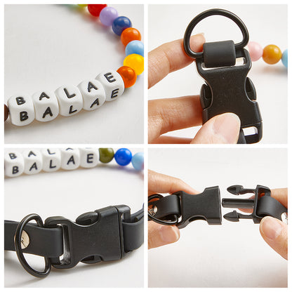Colorful beaded dog collar with personalized name tag from MadeMine, featuring multicolor beads on a comfortable adjustable strap.