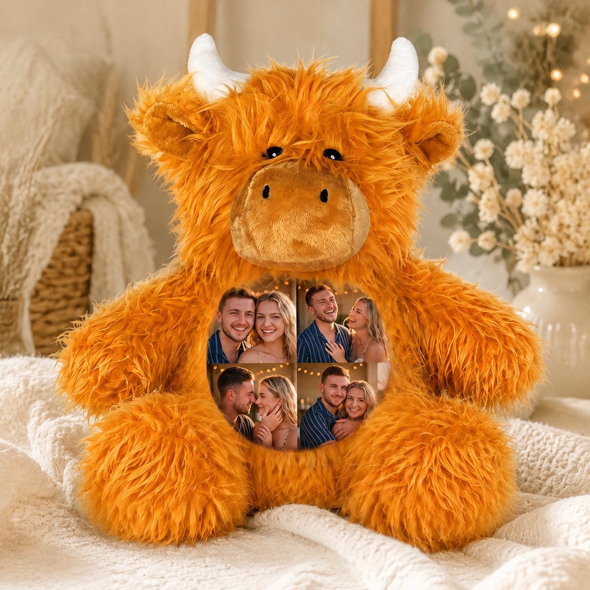 MadeMine personalized Highland Cow plush toy with custom 4-photo design, soft plush material, perfect for gifts.