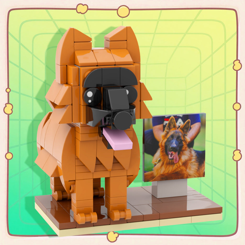 Custom full-body brick dog figure with frame by MadeMine, showing a detailed brick sculpture of a dog on a display frame.