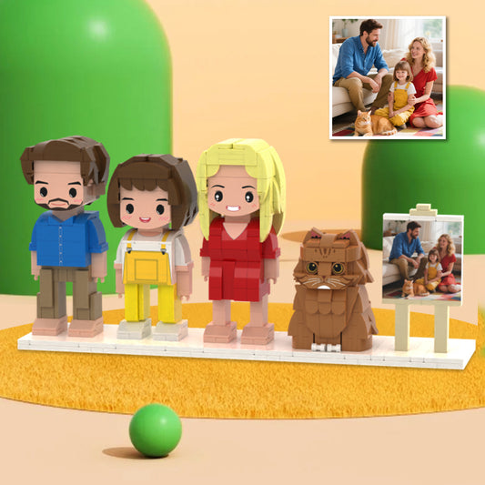 Custom Full-Body Cute Brick Figures – 3 People & 1 Cat – With Photo Frame