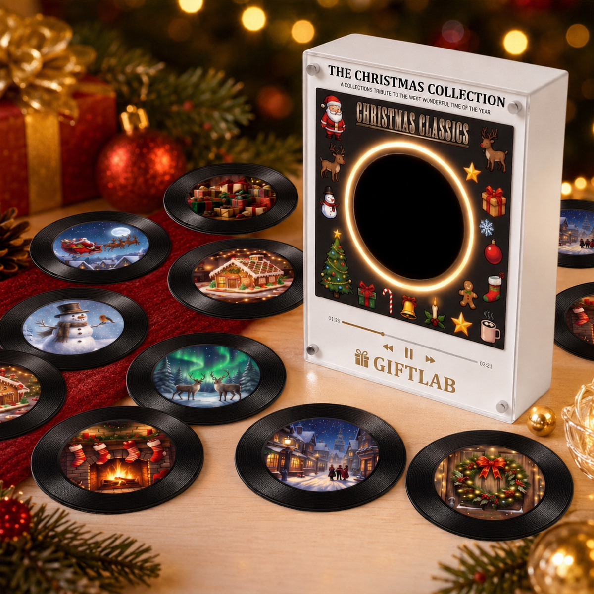 MadeMine custom Christmas mini vinyl record player with 9 magnetic discs, personalizable music gift for music lovers.