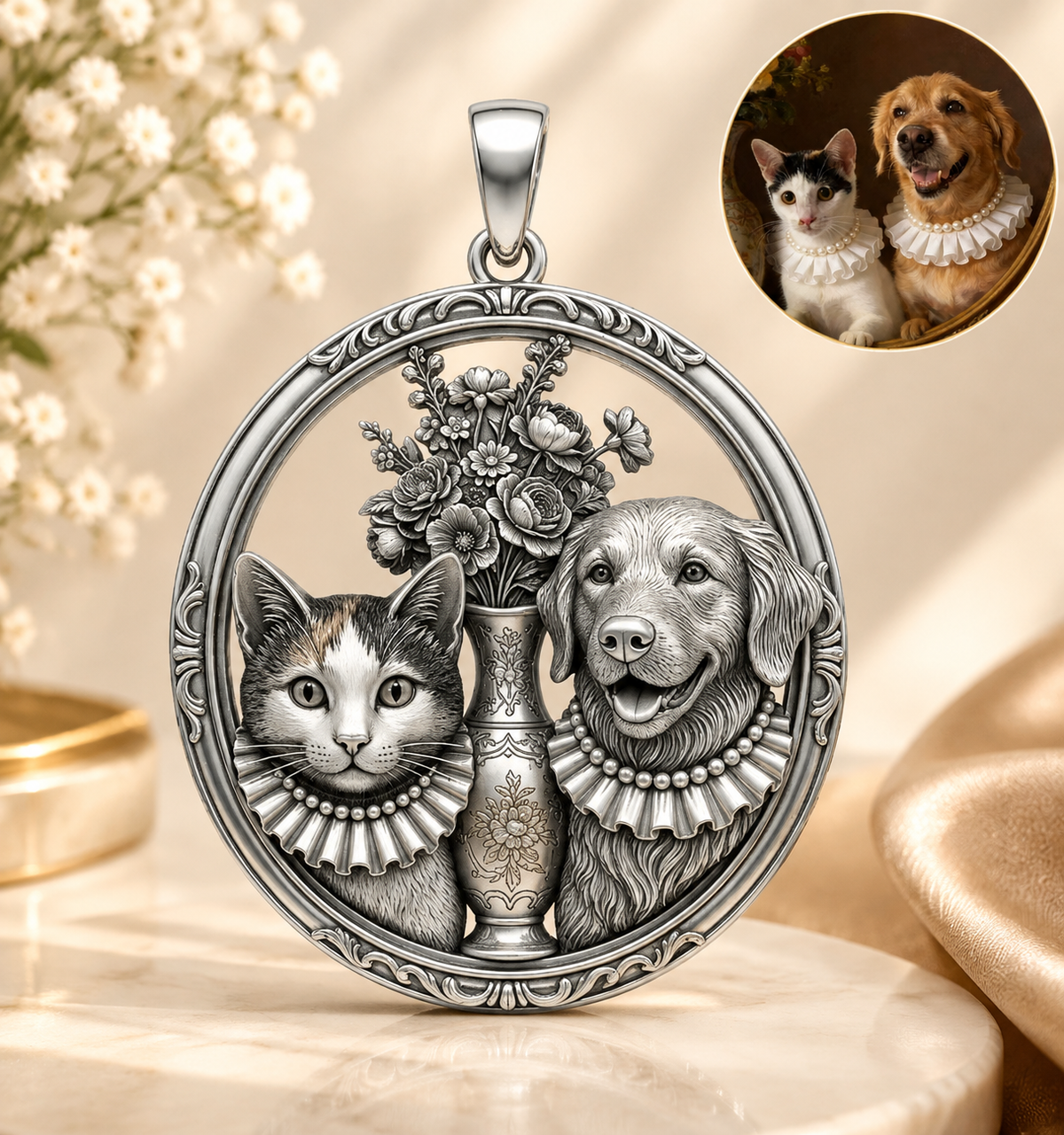Sterling silver personalized 3D pet portrait necklace featuring a custom dog and cat pendant, memorial jewelry gift from MadeMine.