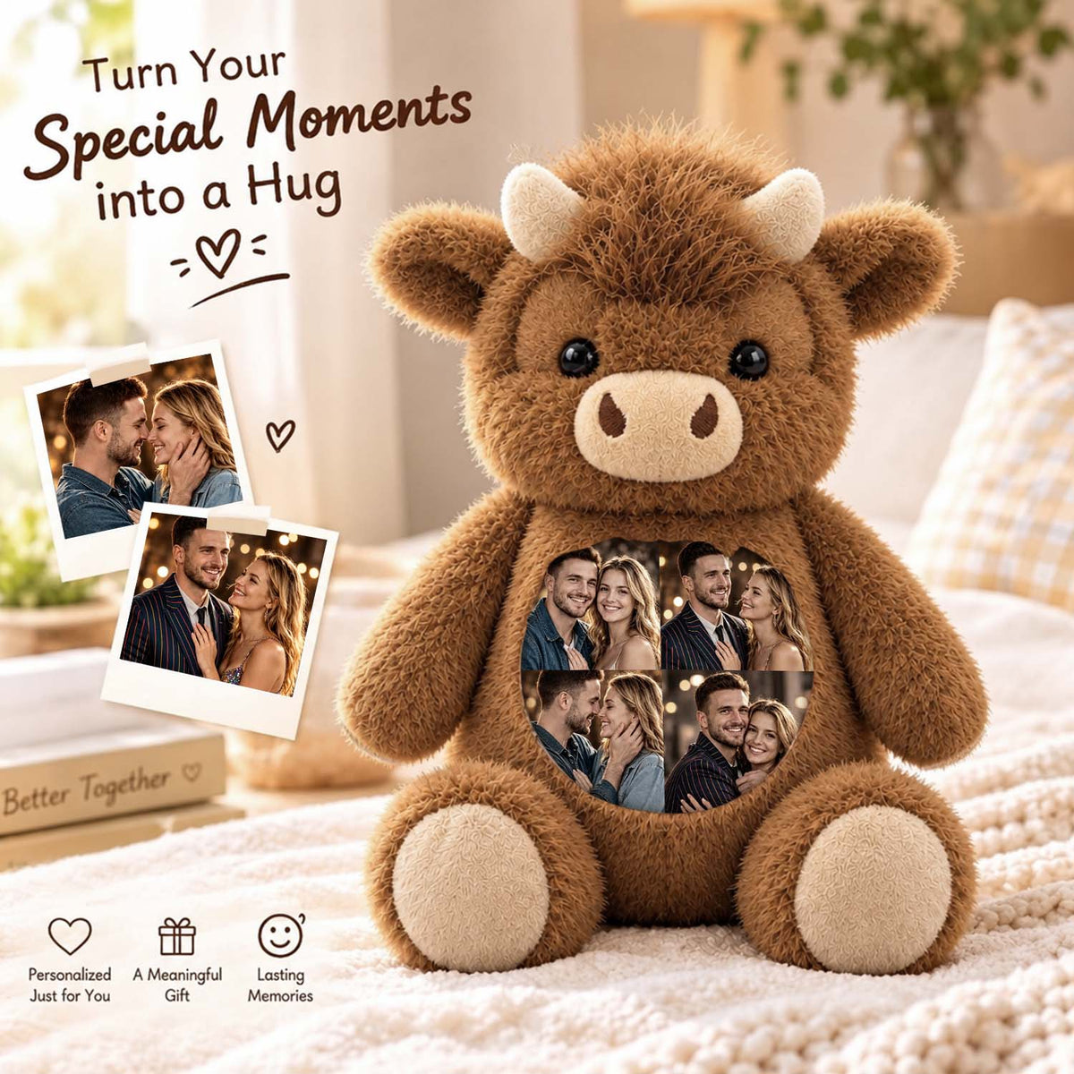 MadeMine personalized Highland Cow plush toy with custom photo, soft plush, detailed cow design, ideal as a cuddly keepsake.