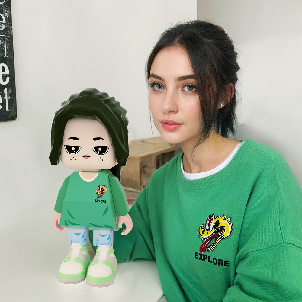 Customizable MadeMine giant Minifig full-body brick figure, personalized gift for her, detailed colorful LEGO-style toy.