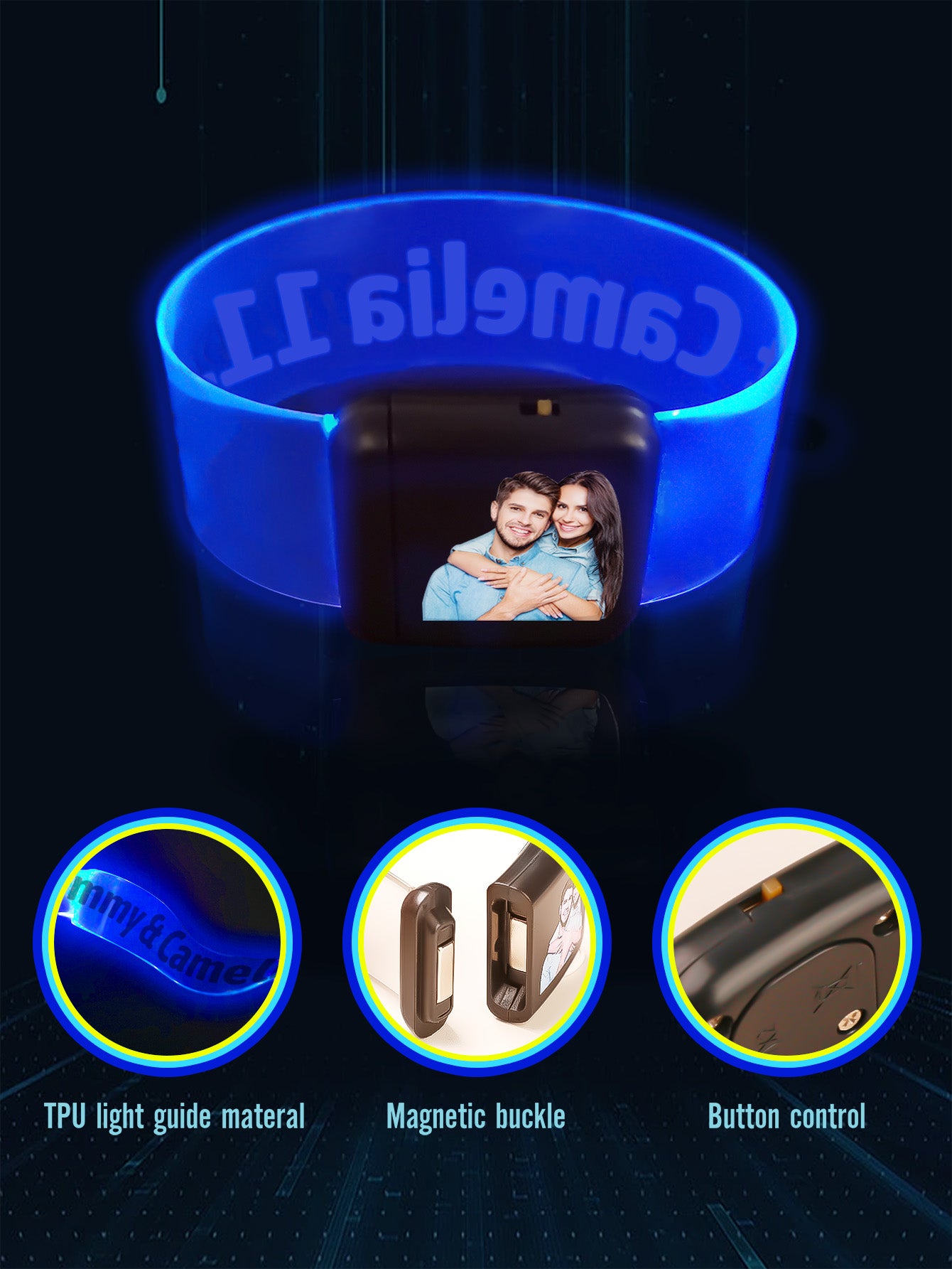 MadeMine custom LED glow bracelet with personalized photo and text, featuring illuminated colorful LED lights.