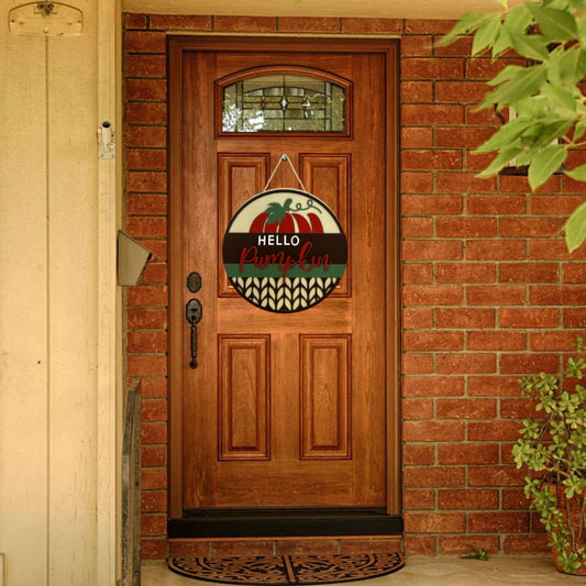MadeMine fall welcome sign with "Hello" and pumpkin design, farmhouse wreath for front door porch decor hanging decoration
