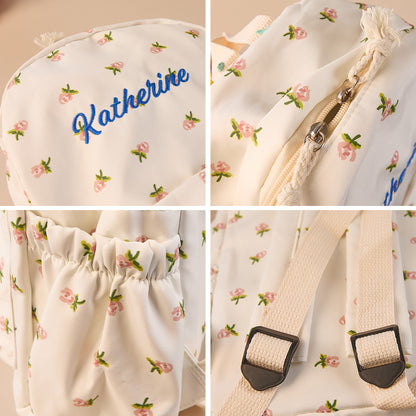 MadeMine personalized girls' nylon backpack with custom name, featuring adjustable straps and colorful design for school or gifts