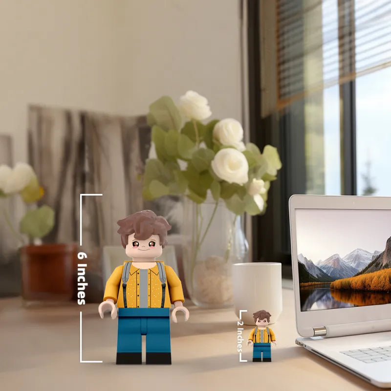 Custom 3D printed giant minifigs by MadeMine, personalized with your photo, ideal for unique gift ideas for sons