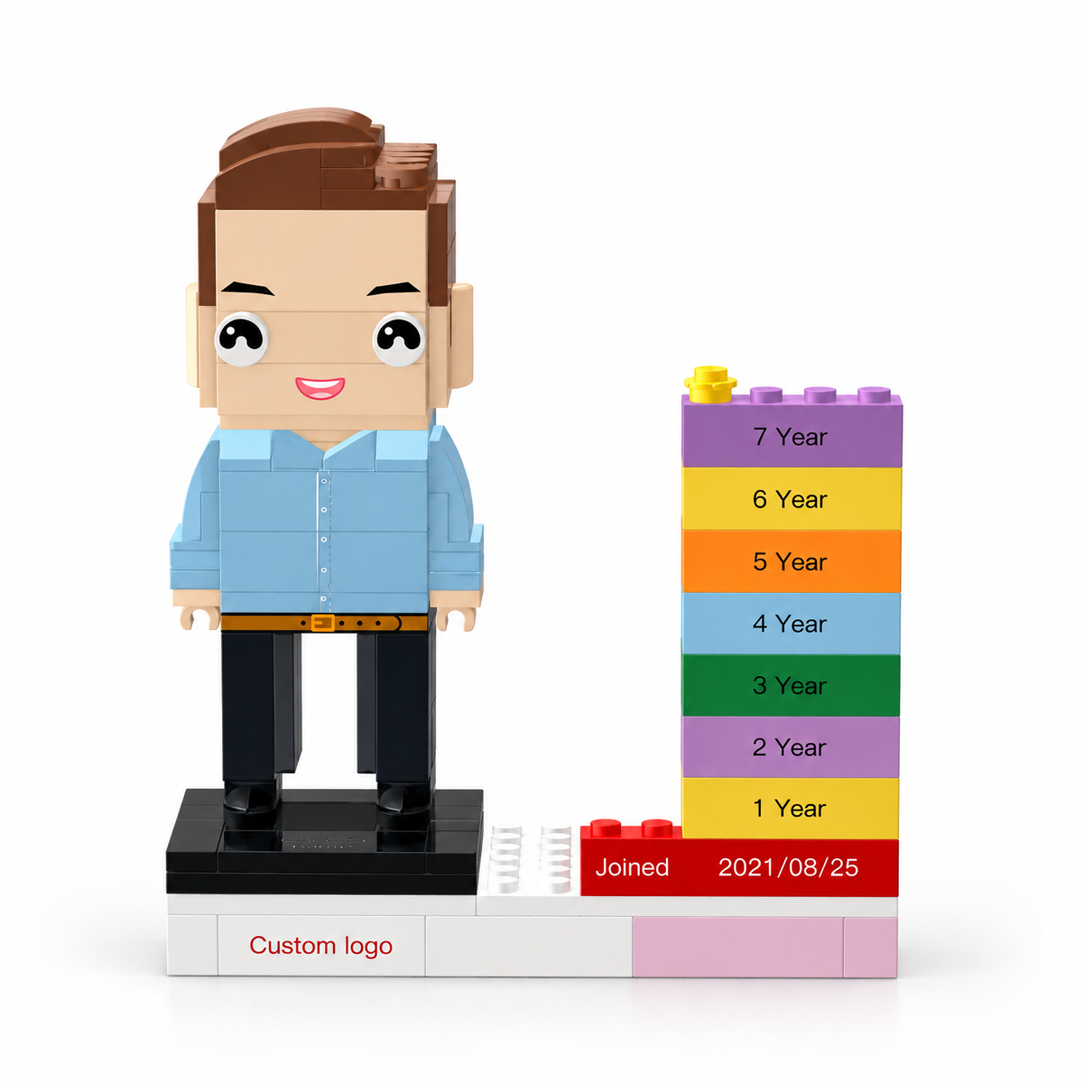 MadeMine personalized employee award brick figure with custom name, logo, and date, showcasing a corporate recognition gift.