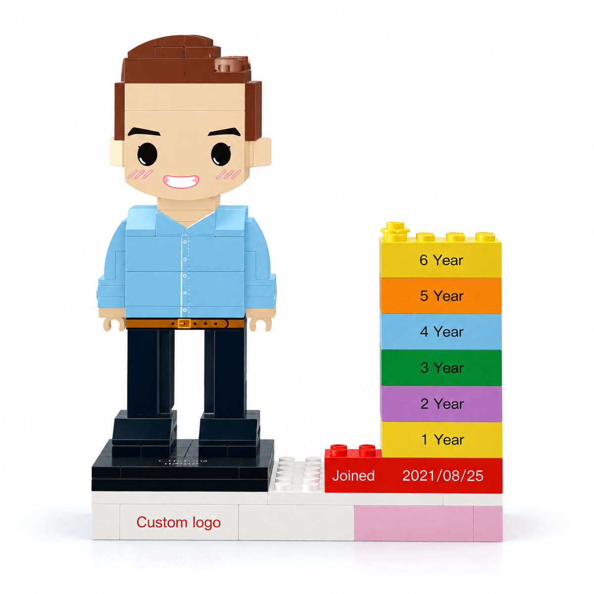 MadeMine personalized employee award brick figure with custom name, logo, and date for corporate recognition gifts.