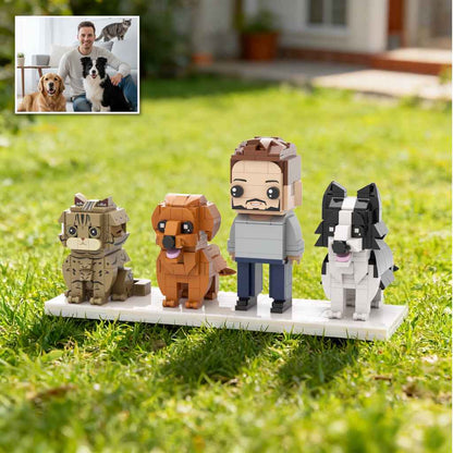 Custom Full-Body Brick Figures of 1 Person, 2 Dogs & 1 Cat