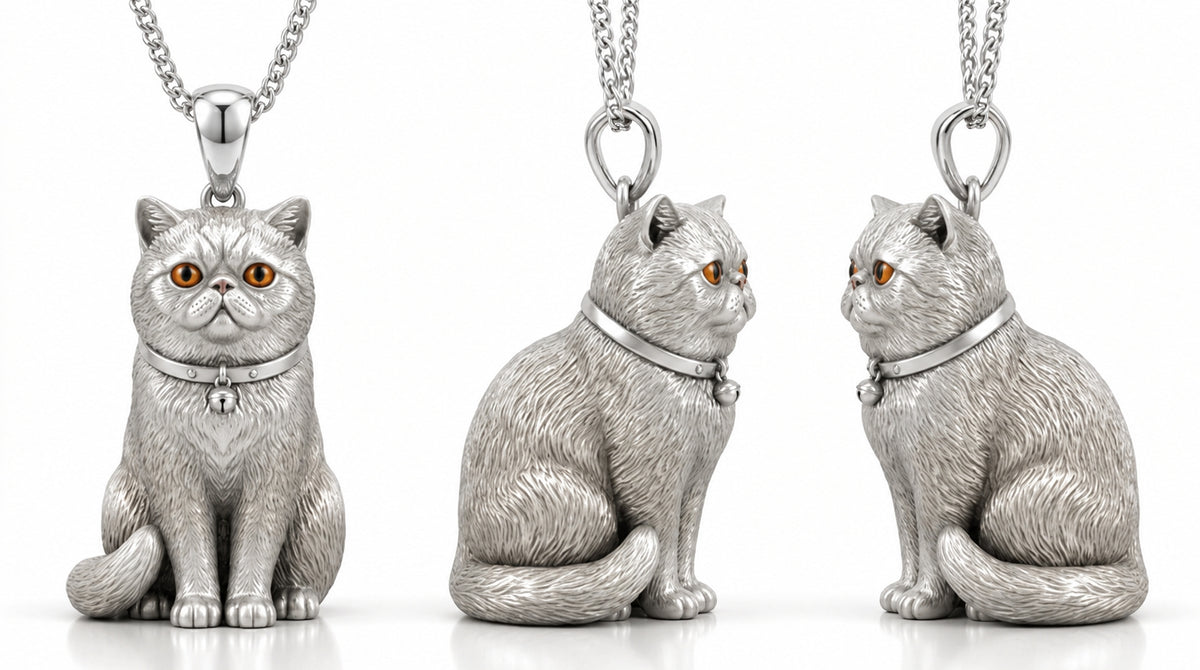 Personalized 3D pet portrait necklace by MadeMine featuring custom sterling silver dog and cat memorial pendant.