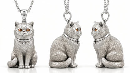 Personalized 3D pet portrait necklace by MadeMine featuring custom sterling silver dog and cat memorial pendant.