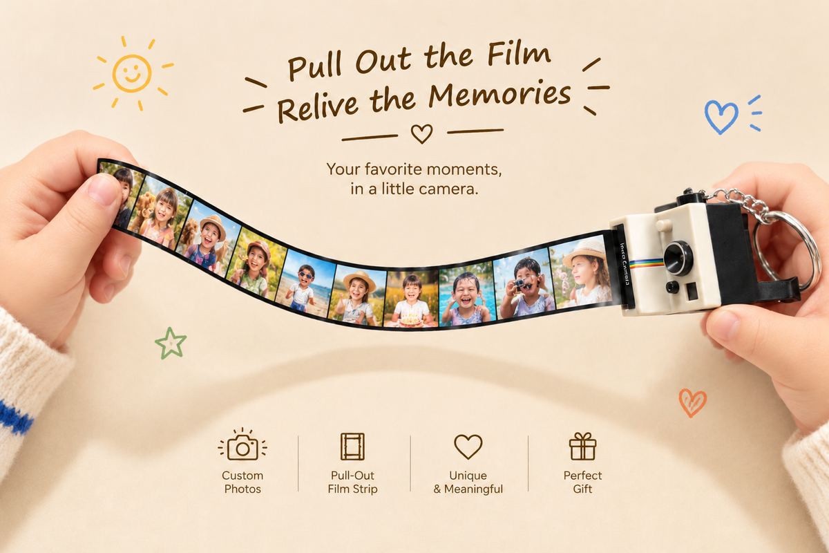 MadeMine personalized camera keychain for kids with mini film camera design and space for 5–10 photos.